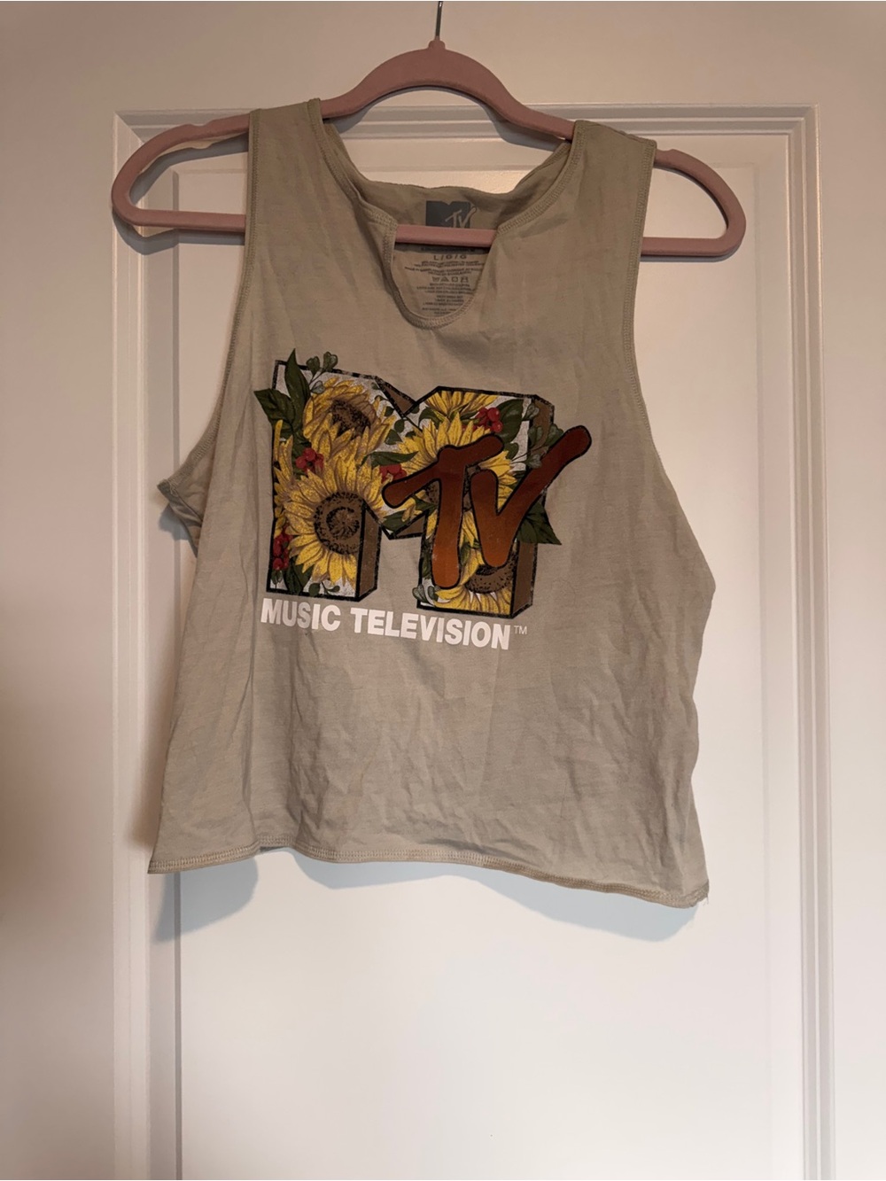 MTV Sunflower Graphic Crop Tank Top - Tan and Yellow